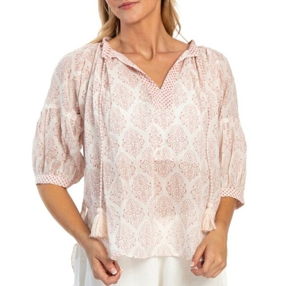 Alamwar V-Neck Puff Sleeve Popover Boho Peasant Blouse Lightweight Top Small - Picture 2 of 11